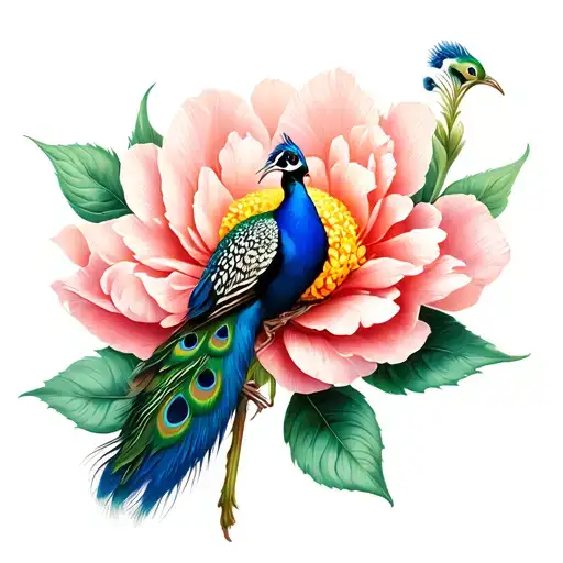 peacock inside peony flower with peacock tail feathers as some of the peony petals  tattoo design idea