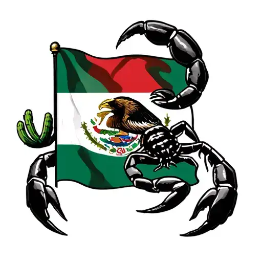 Can you generate a tattoo of a scorpion on a mexican flag where it doesn't cover the eagle on the cactus in the middle i tattoo design idea