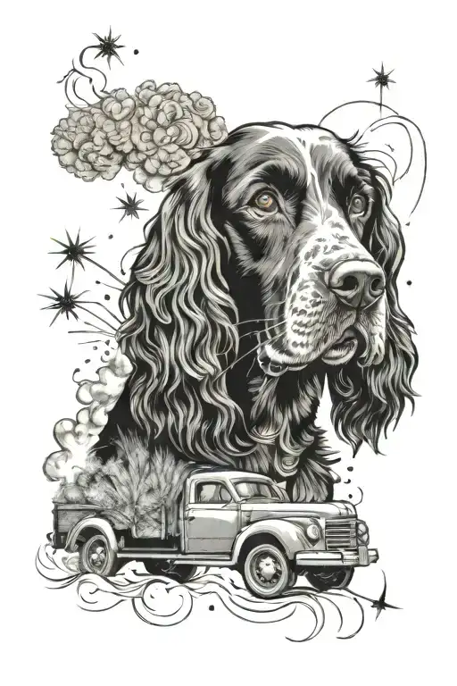 black and white cocker spaniel dog with fireworks exploding behind with old fashioned Austin truck with fire behind tattoo design idea