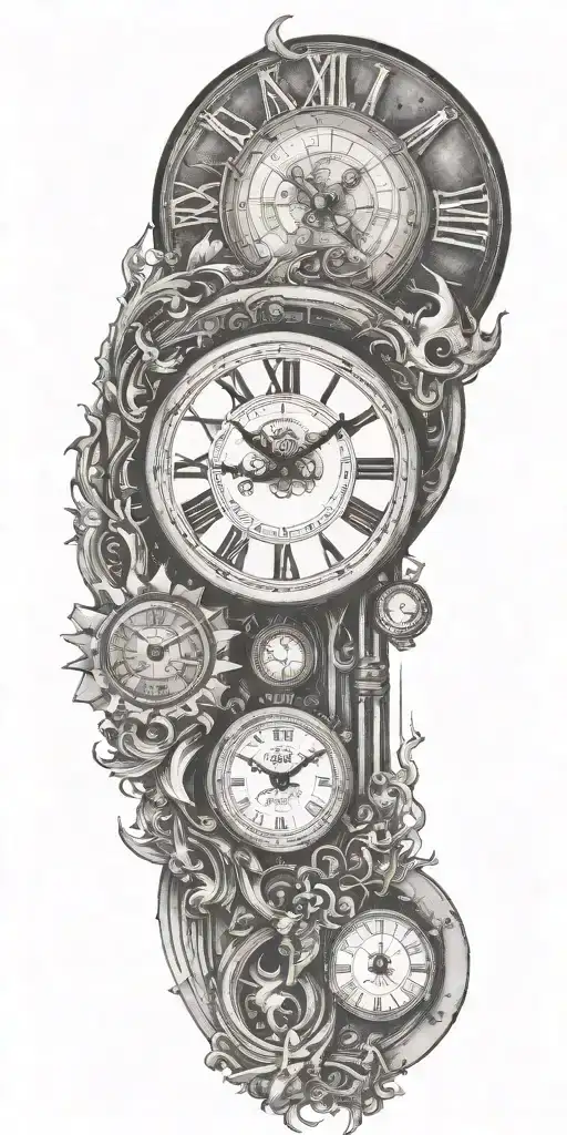 the dateSeptember 8 2024, clock embedded, sun rising, concrete  tattoo design idea