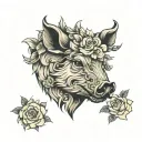 wild boar head with tuss  and roses  tattoo design idea