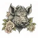 wild boar head with tuss  and roses  tattoo design idea
