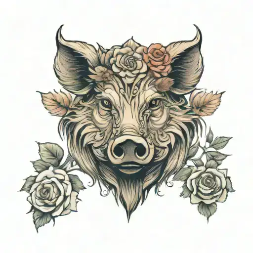 wild boar head with tuss  and roses  tattoo design idea