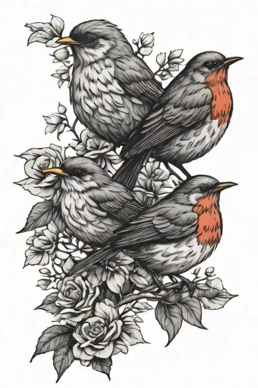 two robin birds with flowers perched black and white but red chests on the birds   tattoo design idea