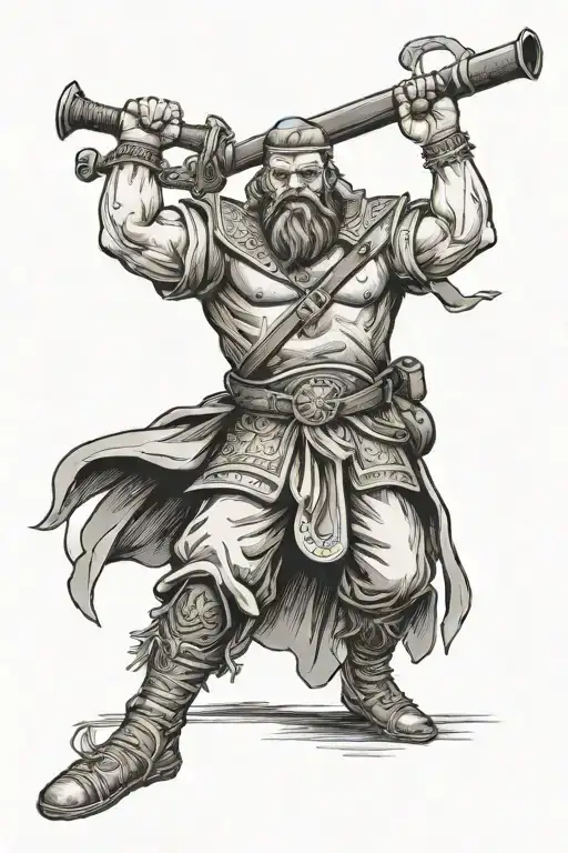 full body Ukrainian Cossack with muscles and angry face and a mace tattoo design idea