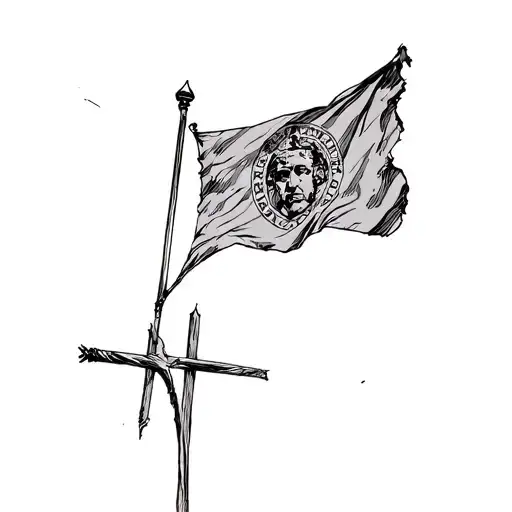 Tattered Roman flag on cross pole with SPQR tattoo design idea