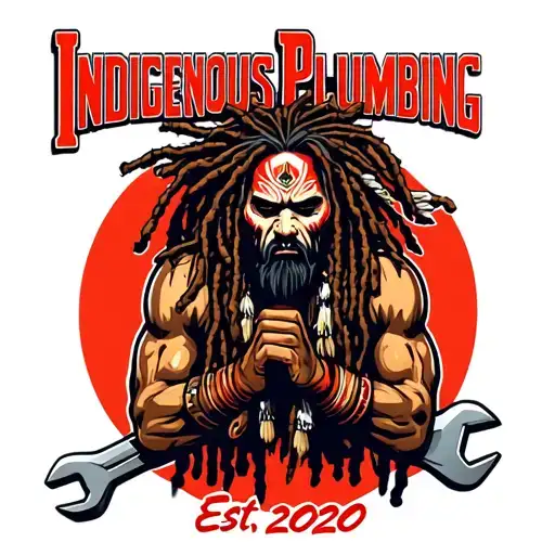 "Indigenous Plumbing Est. 2020" dreadlock face war painted Native American warrior holding wrench crossed tattoo design idea
