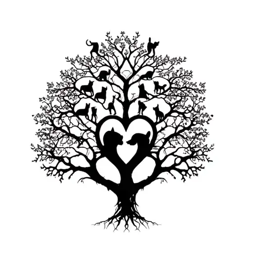 Draw a tree in the roots of which the silhouettes of cats and dogs are woven, on the branches and heart hidden in the structure of the tree tattoo design idea