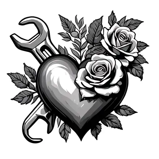spanner and heart with roses tattoo design idea