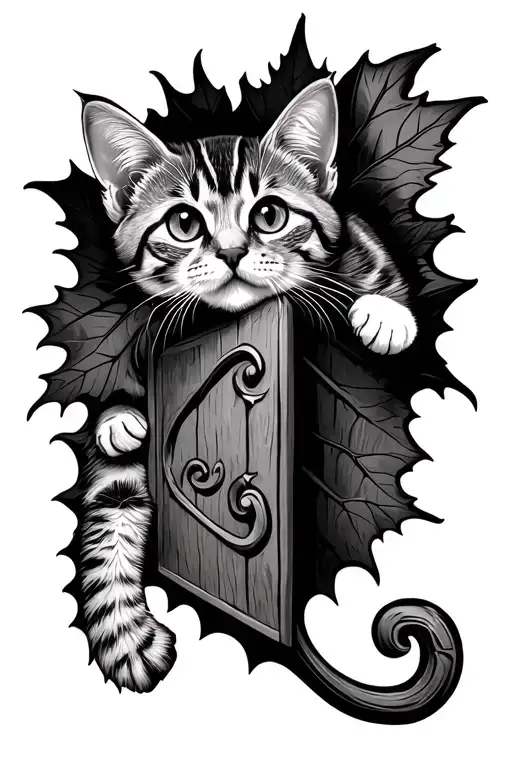 Black and white tattoo design. A small tabby cat lies on top of an open medieval door leaf  tattoo design idea