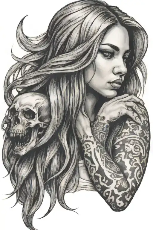 a sad girl with long hair holding hands with a ghost tattoo design idea