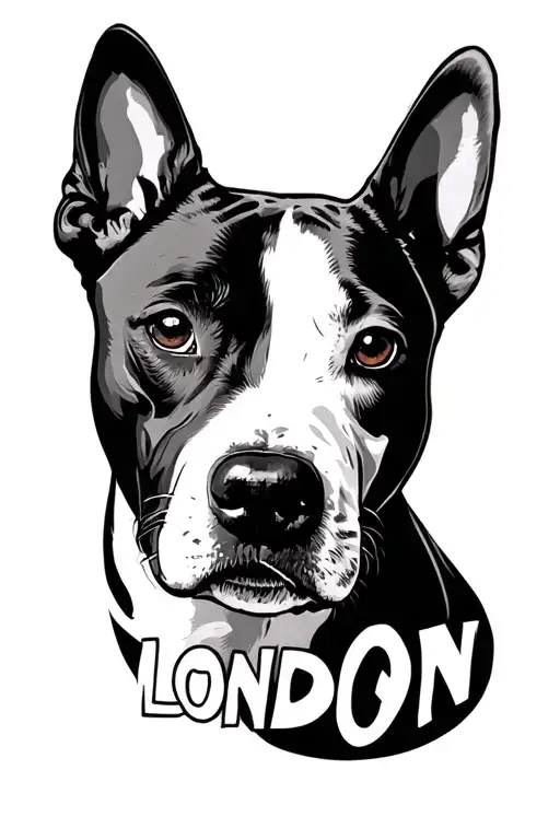 "London" with pitbull eyes and human eye surrounded tattoo design idea