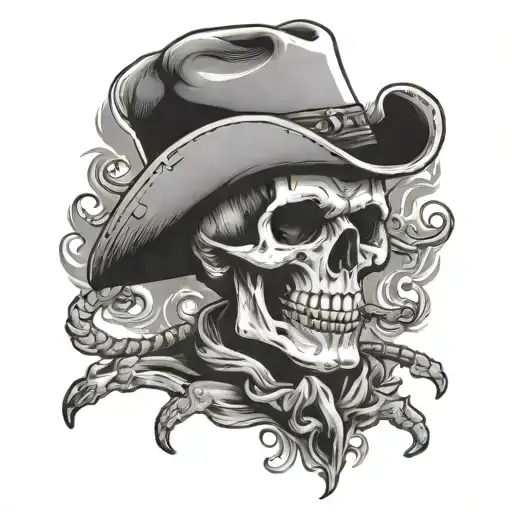 skull wearing cowboy hat smoking cigarette tattoo design idea