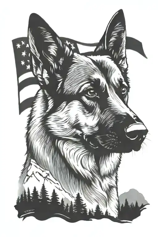 German shepherd American flag saying "diabetes" mountain scene tattoo design idea