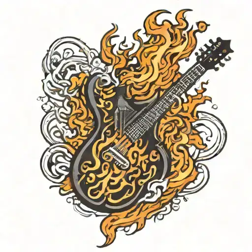 a guitar with fire flames and metallica logo tattoo design idea