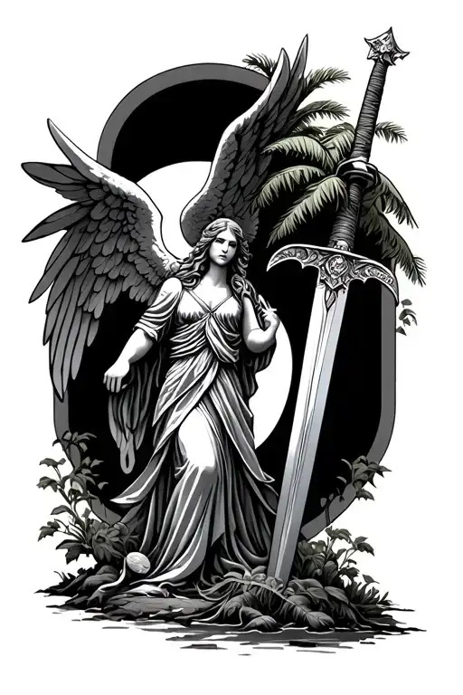 palm tree and guardian angel holding a sword tattoo design idea