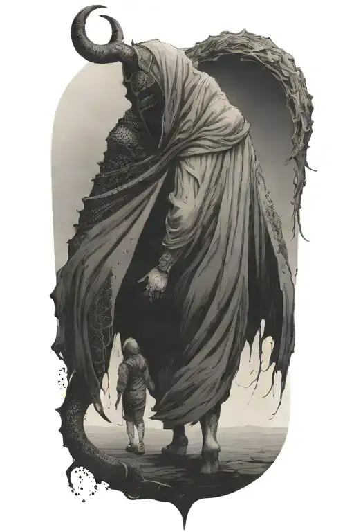 a woman and a huge hooded demon beast walking away together tattoo design idea