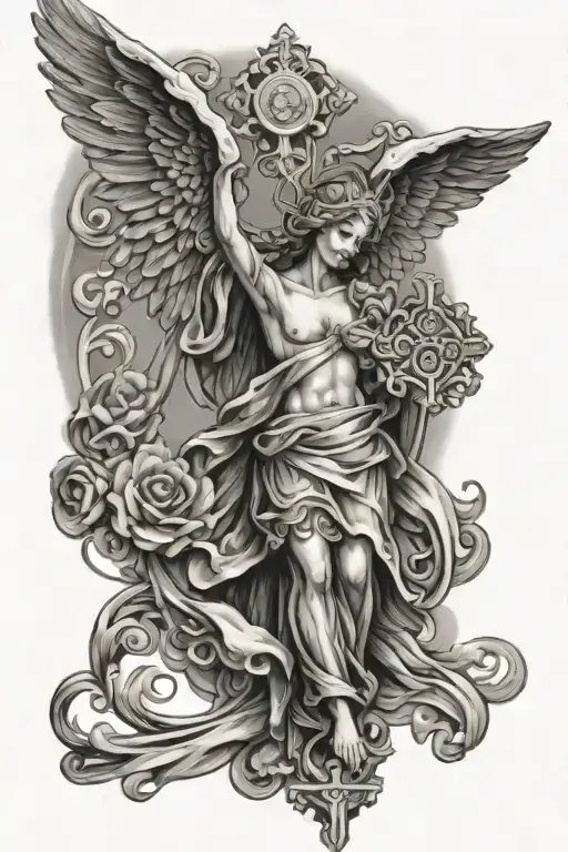 christian cross with angel holding tattoo design idea
