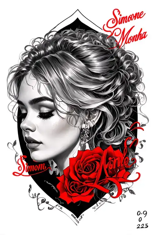 Simone Monhá, 09 09 2025. in red cursive font for neck tattoo design idea