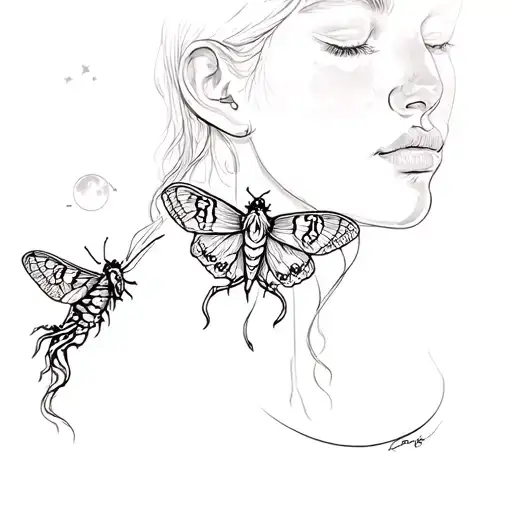 A moth on a womens neck tattoo with a moon rising tattoo design idea