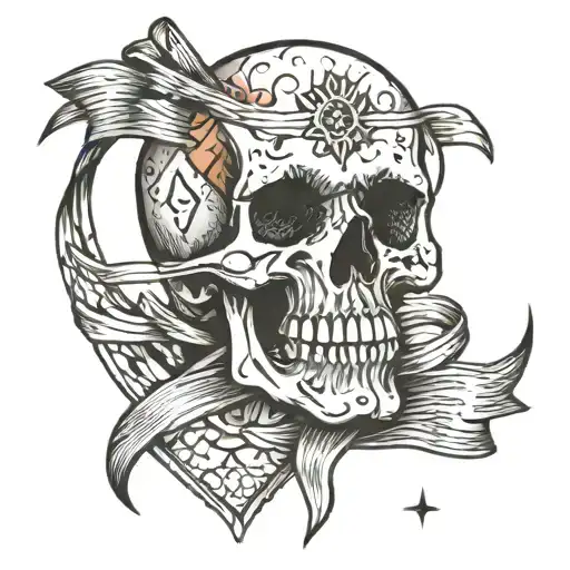 slim and burned ribbon, a cracked skull, mixed with the emperor tarot card style tattoo design idea