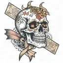 slim and burned ribbon, a cracked skull, mixed with the emperor tarot card style tattoo design idea