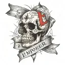 slim and burned ribbon, a cracked skull, mixed with the emperor tarot card style tattoo design idea