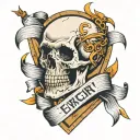 slim and burned ribbon, a cracked skull, mixed with the emperor tarot card style tattoo design idea