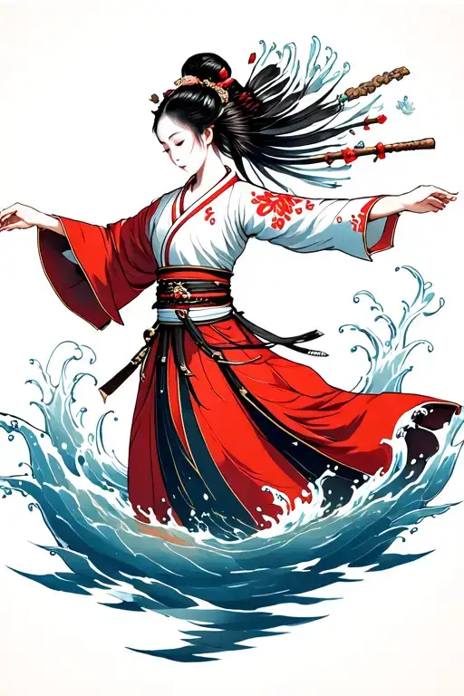 Japanese samurai woman floating, water bending around her entire body tattoo design idea