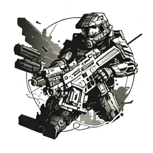 Combine elements from Halo and Call of Duty into a futuristic war scene tattoo design idea