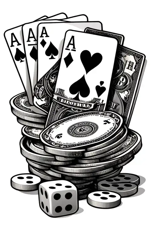 money with playing cards and dice tattoo design idea