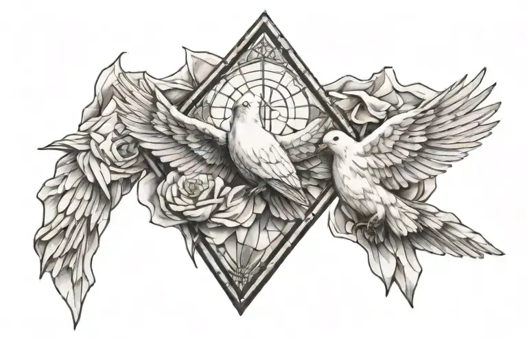 church glass shards with dove and praying hands holding tattoo design idea