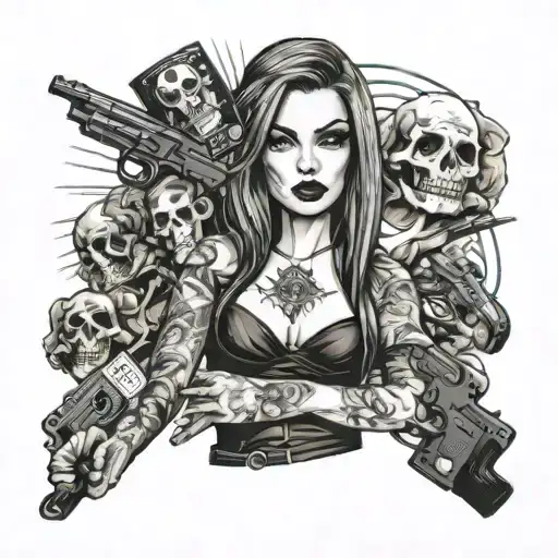 my women face and pokergamer gangster guns money drugs tattoo design idea