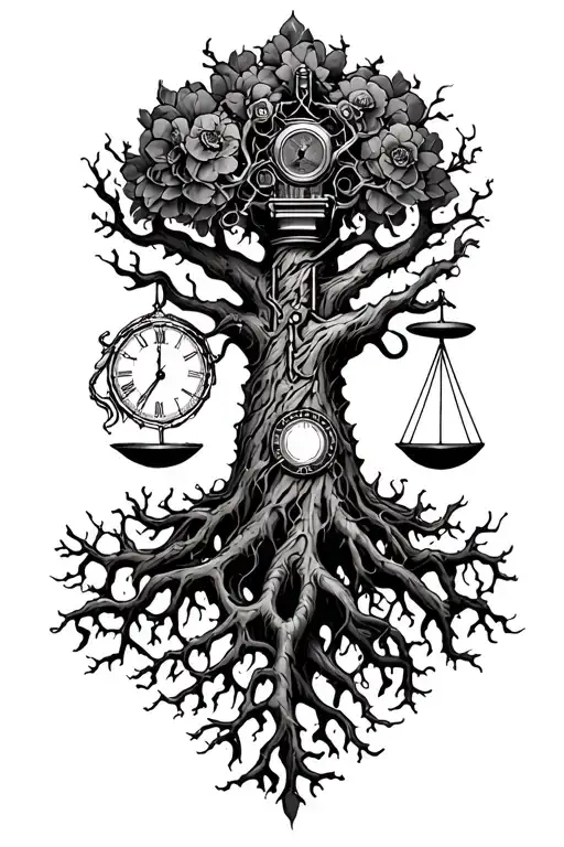 gothic tree of life with midevil roots intertwined with v-twin motor, libra scales and a clock tattoo design idea