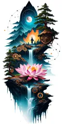 collage of space constellation, Buddhist mountain, trees, waterfall, lotus, wood mechanical gears tattoo design idea