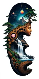 collage of space constellation, Buddhist mountain, trees, waterfall, lotus, wood mechanical gears tattoo design idea