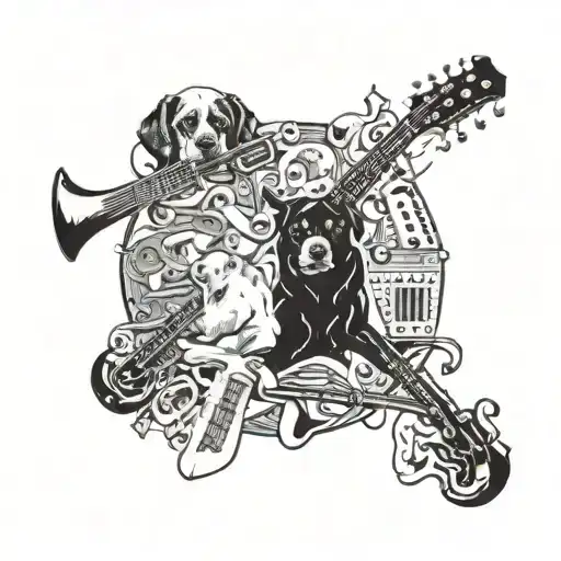 A collage of various musical instruments and dog breeds forming a cohesive design tattoo design idea