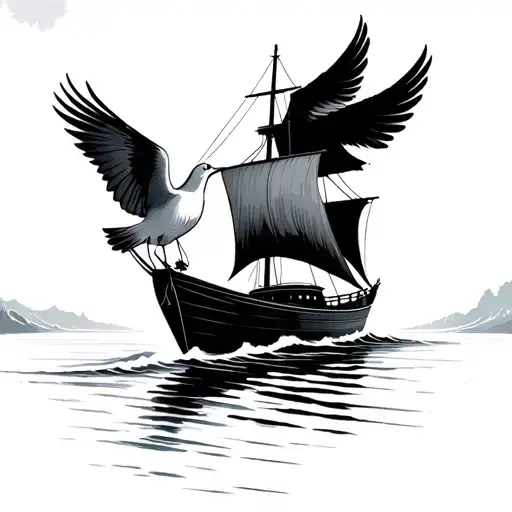 boat sailing on waves with dove carrying tattoo design idea