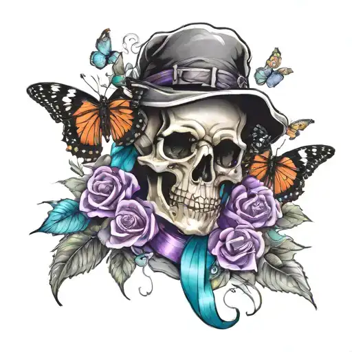 Reaper with purple and teal ribbon surrounded by flowers and butterflies tattoo design idea