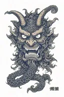 lovecraftian demonic oni mask horror tattoo design idea