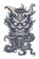 lovecraftian demonic oni mask horror tattoo design idea