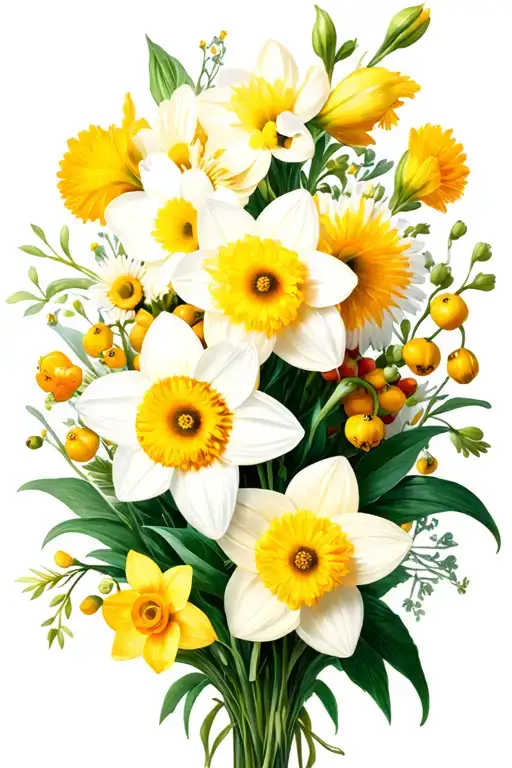 Daffodil, Daisy and Hawthorn intertwined with bouquets tattoo design idea