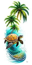 palm tree and sea turtle tattoo design idea