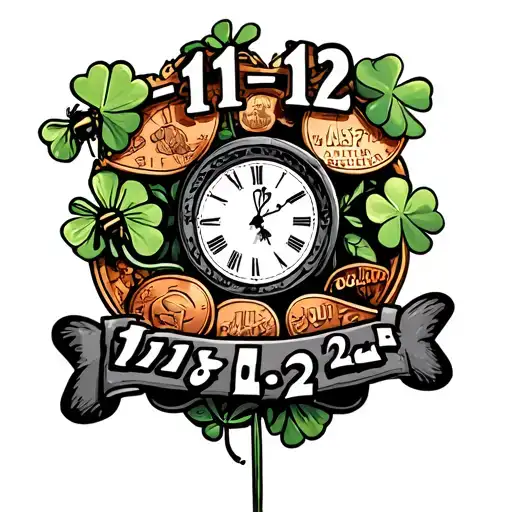 "11-11-22" lucky penny, 4 leaf clover, honeybee, clock inside tattoo design idea