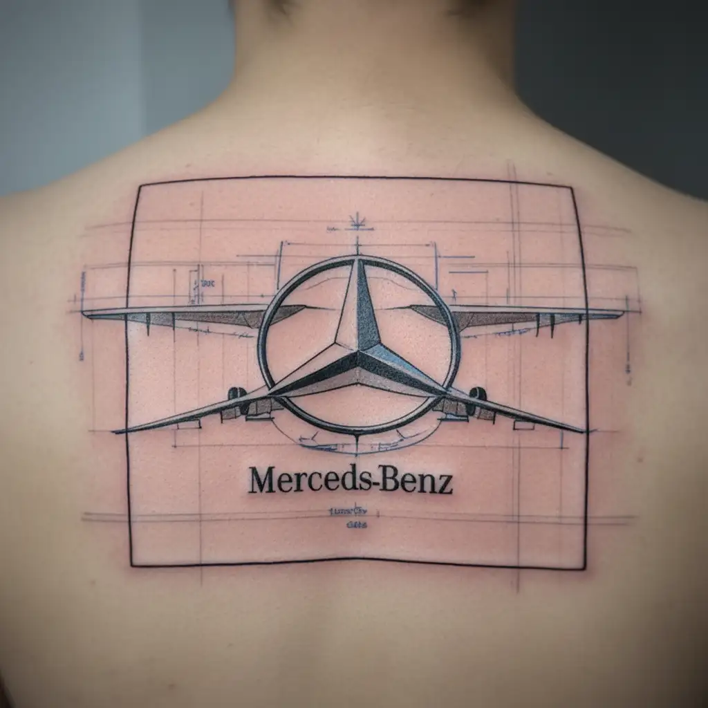 A sleek Mercedes-Benz logo intertwined with a blueprint of an aircraft tattoo design idea