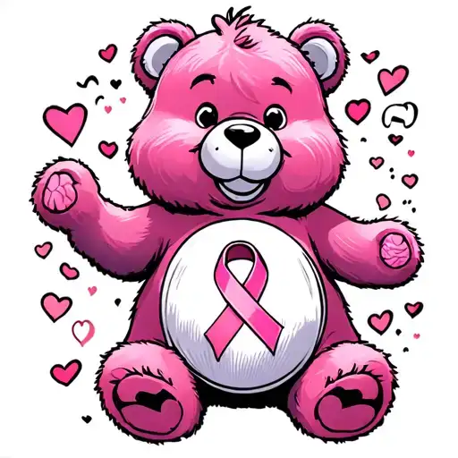 pink colored bear, that is care bear brand with breast cancer ribbon on its belly tattoo design idea