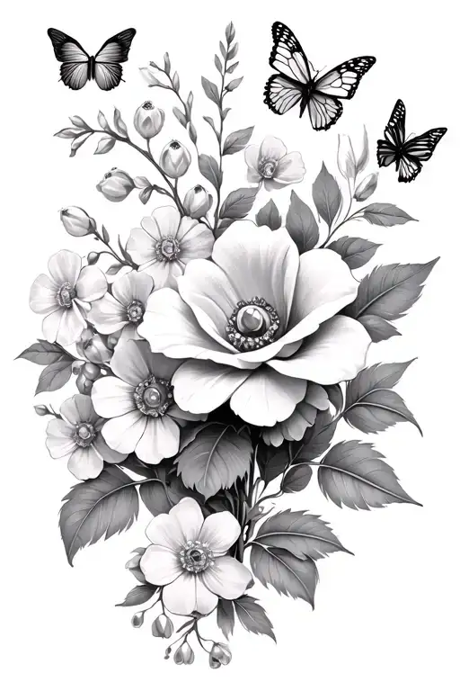 rose vine, cosmos, sweet pea, cherry blossom, lilly of the valley, larkspur, marigold, butterfly, feather, jewels tattoo design idea