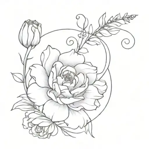 a fibonacci spiral made of flowers rose tulip peony lavender daisy tattoo design idea
