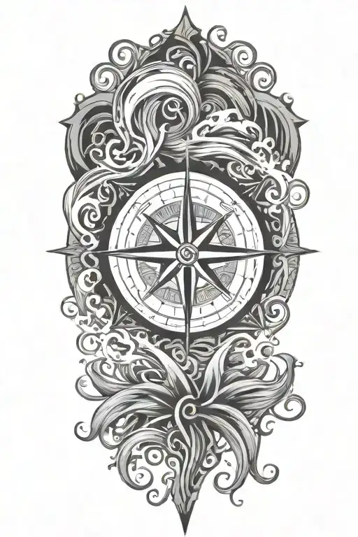A dotwork tattoo of a compass rose surrounded by ocean waves, symbolizing the journey of life and the importance of family tattoo design idea