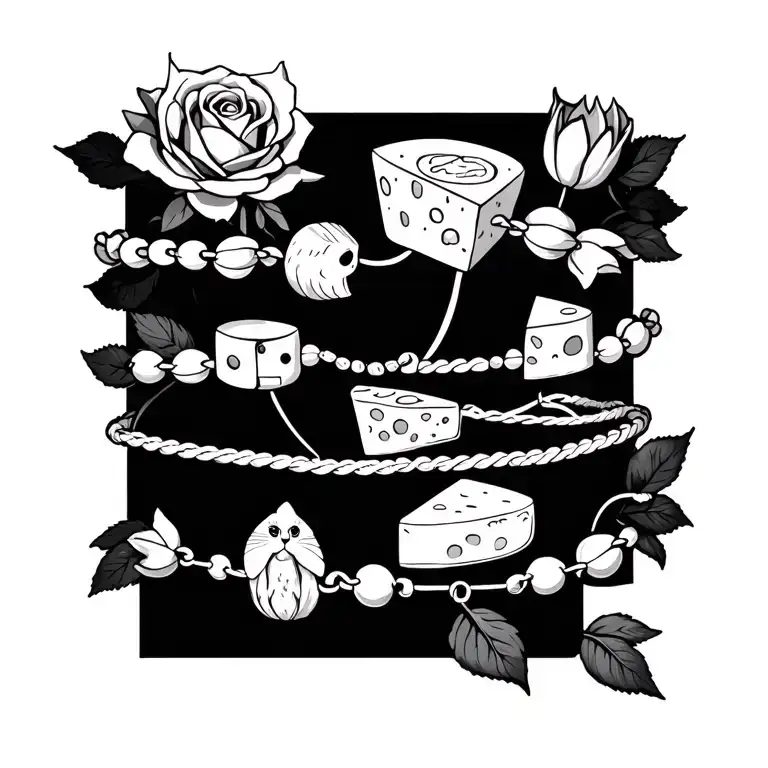 "Rose, cat, tulip, cheese, and" thin bracelets with small icons tattoo design idea
